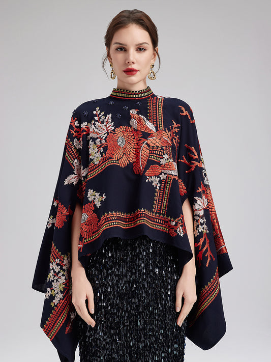 Magpie Embroidered Chinese-Inspired Cape Blouse