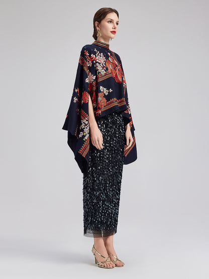 Magpie Embroidered Chinese-Inspired Cape Blouse