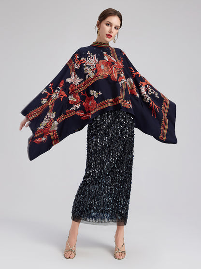 Magpie Embroidered Chinese-Inspired Cape Blouse
