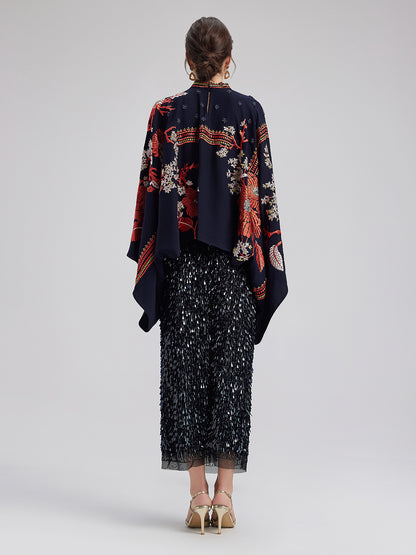 Magpie Embroidered Chinese-Inspired Cape Blouse