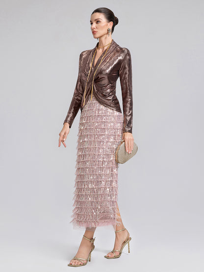 Gold-Foil Deep-V Draped Top