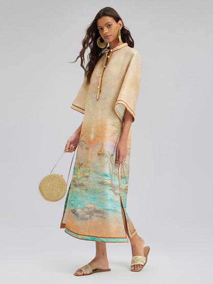 Linen Flared Sleeves Beach Print Dress