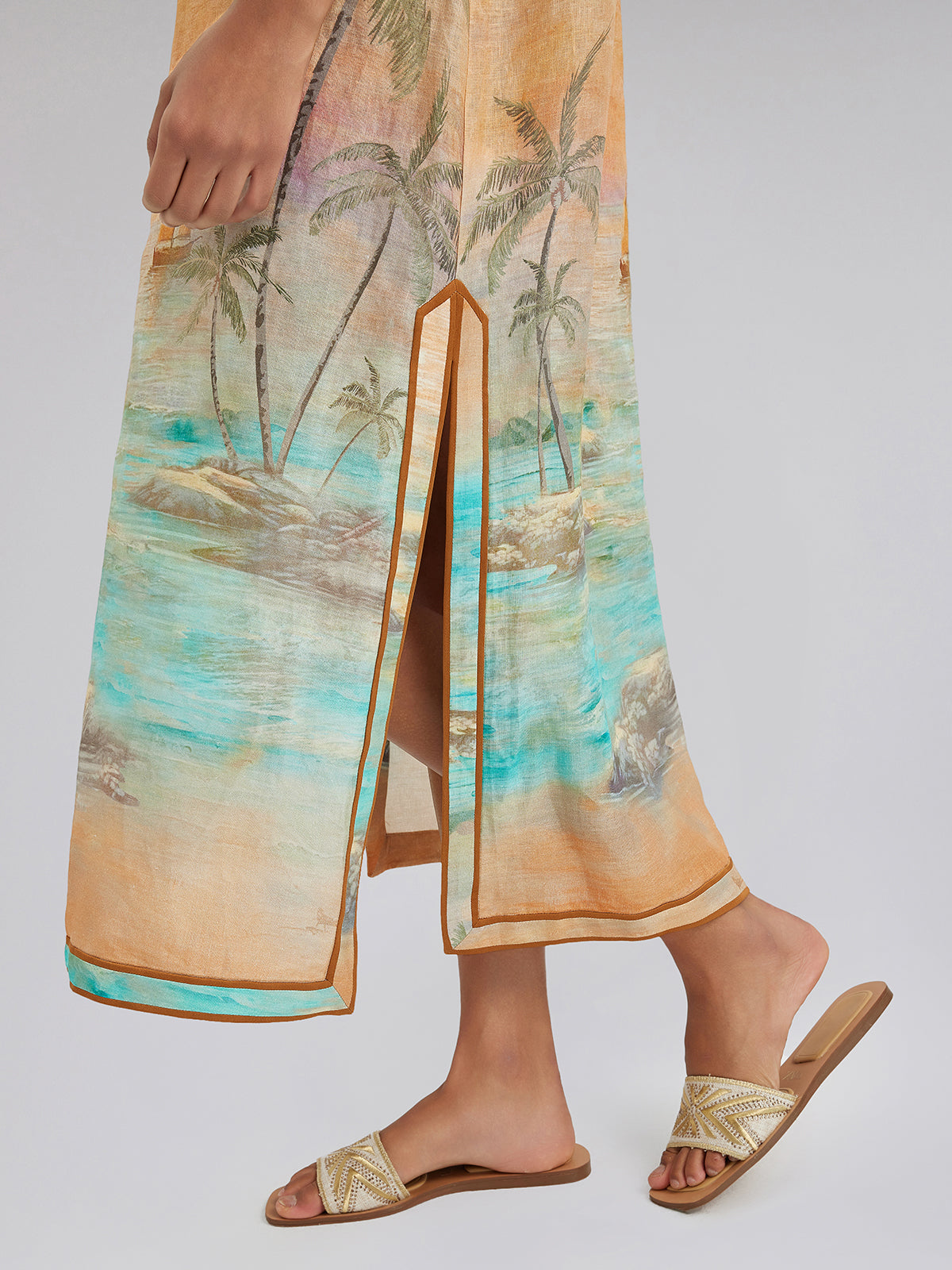 Linen Flared Sleeves Beach Print Dress