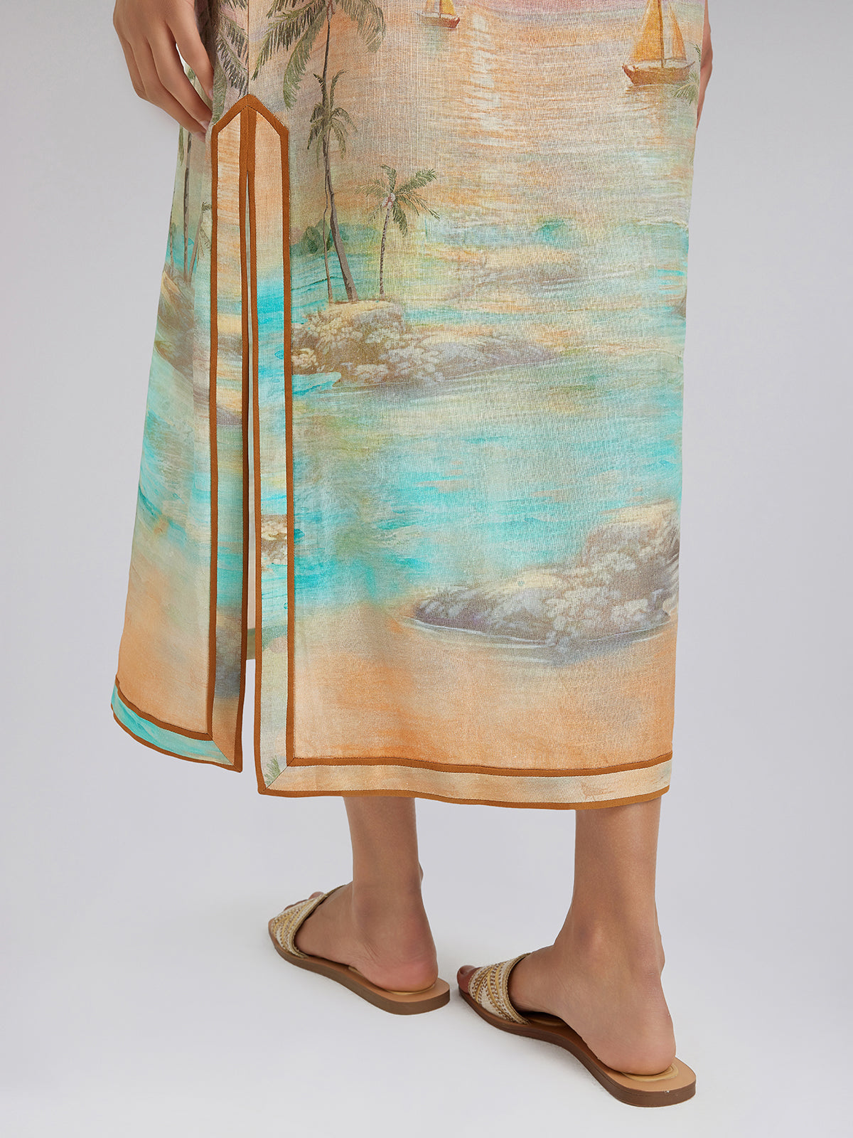 Linen Flared Sleeves Beach Print Dress