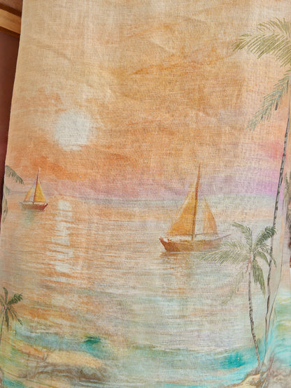 Linen Flared Sleeves Beach Print Dress