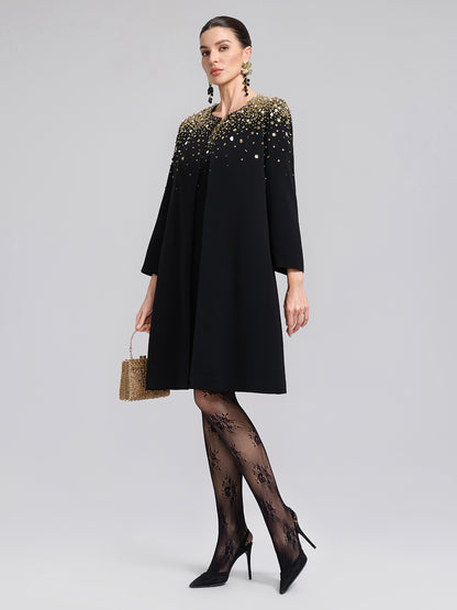 Gold Gradient Hand-Beaded Short-Sleeve Dress