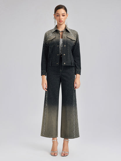 Handcrafted Rhinestone Gradient Knit Straight Pants