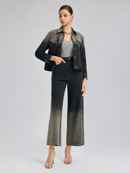 Handcrafted Rhinestone Gradient Knit Straight Pants