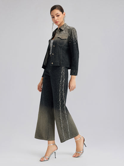 Handcrafted Rhinestone Gradient Knit Straight Pants