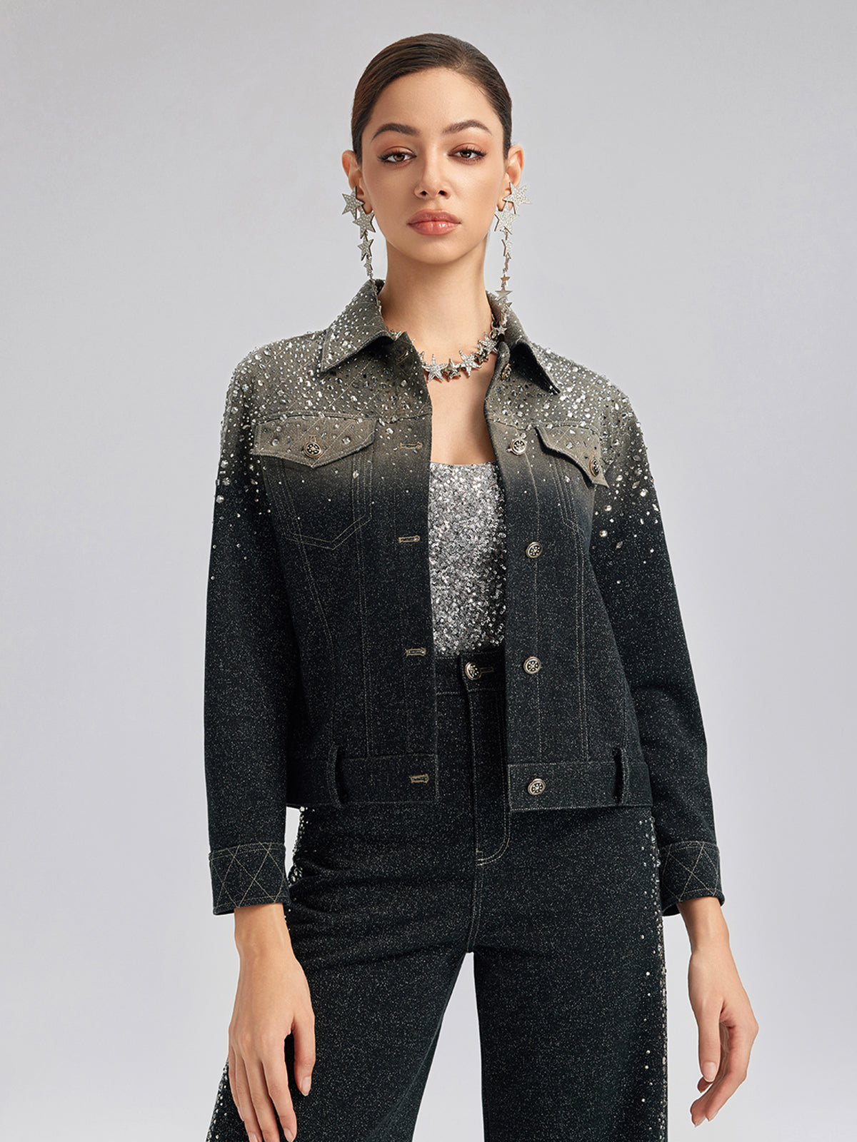 Handcrafted Rhinestone Gradient Knit Jacket