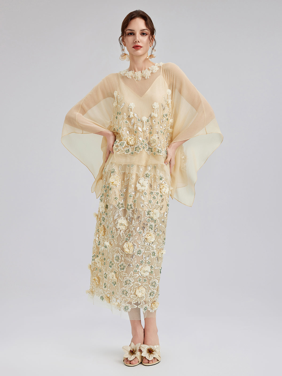 Embellished Floral Sequin Chiffon Blouse