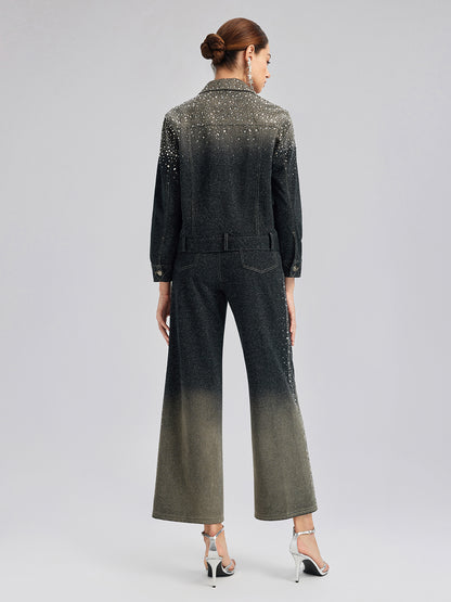 Handcrafted Rhinestone Gradient Knit Straight Pants
