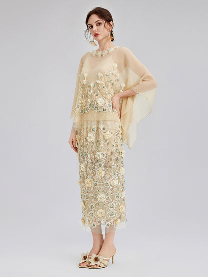 Embellished Floral Sequin Chiffon Skirt