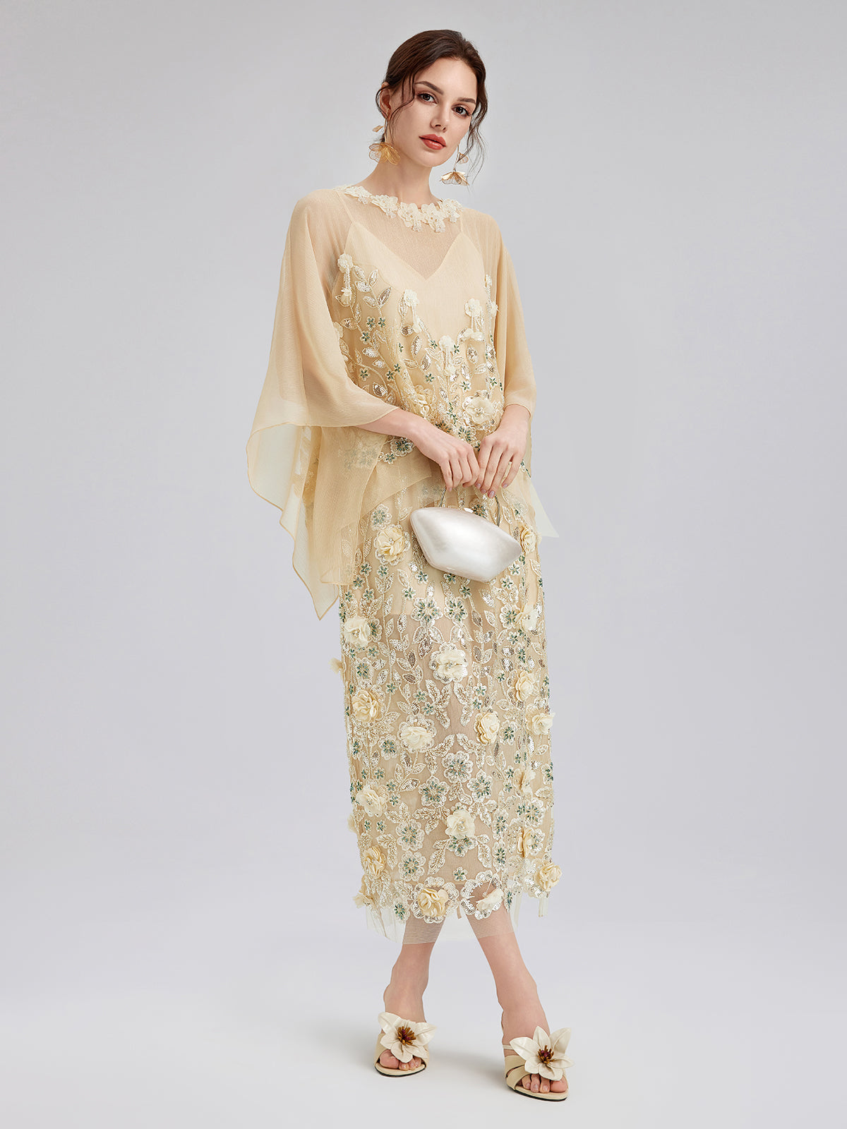 Embellished Floral Sequin Chiffon Blouse