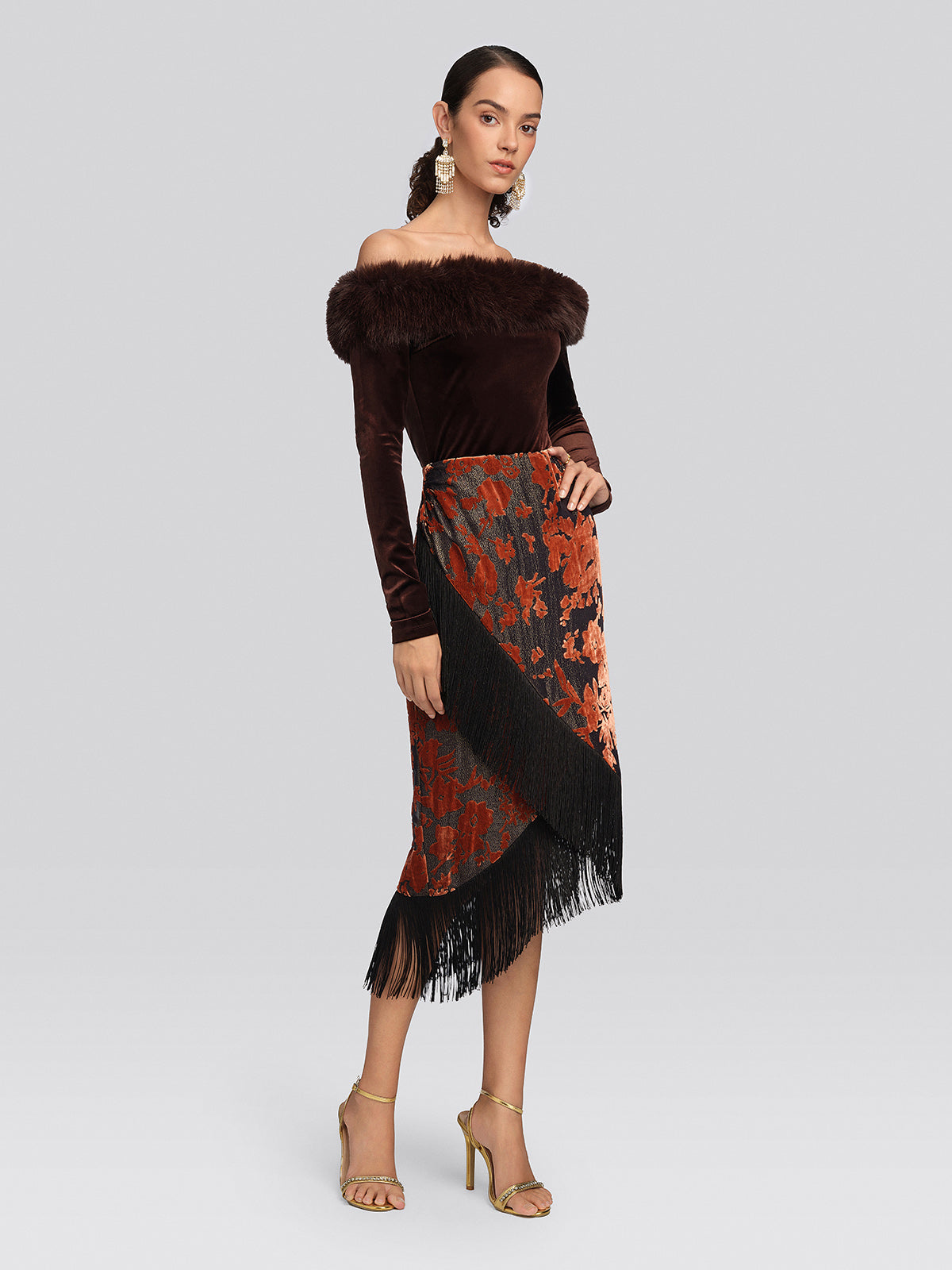 Burnout Velvet Floral Fringe Skirt