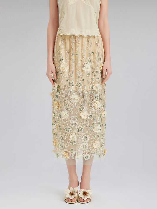 Embellished Floral Sequin Chiffon Skirt