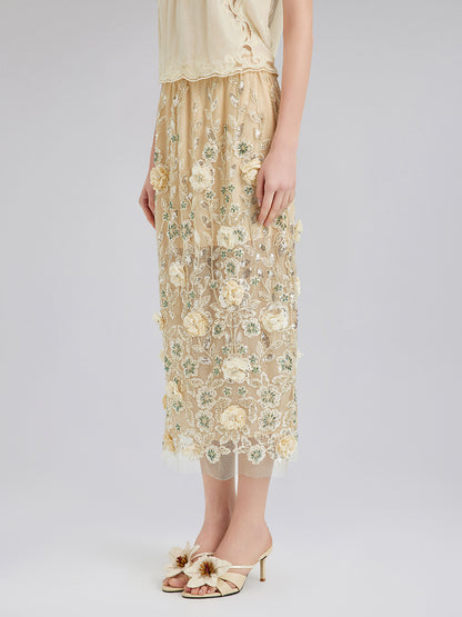 Embellished Floral Sequin Chiffon Skirt