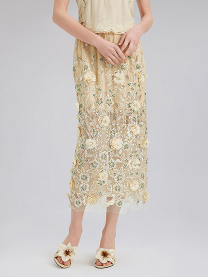 Embellished Floral Sequin Chiffon Skirt
