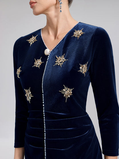 Hand-Beaded Velvet Fitted V-Neck Dress