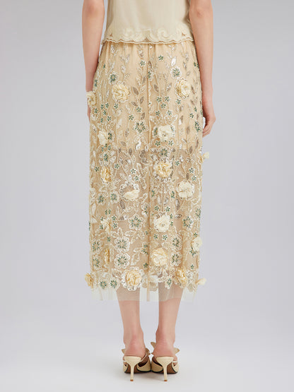 Embellished Floral Sequin Chiffon Skirt