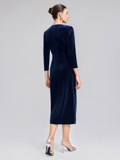 Hand-Beaded Velvet Fitted V-Neck Dress