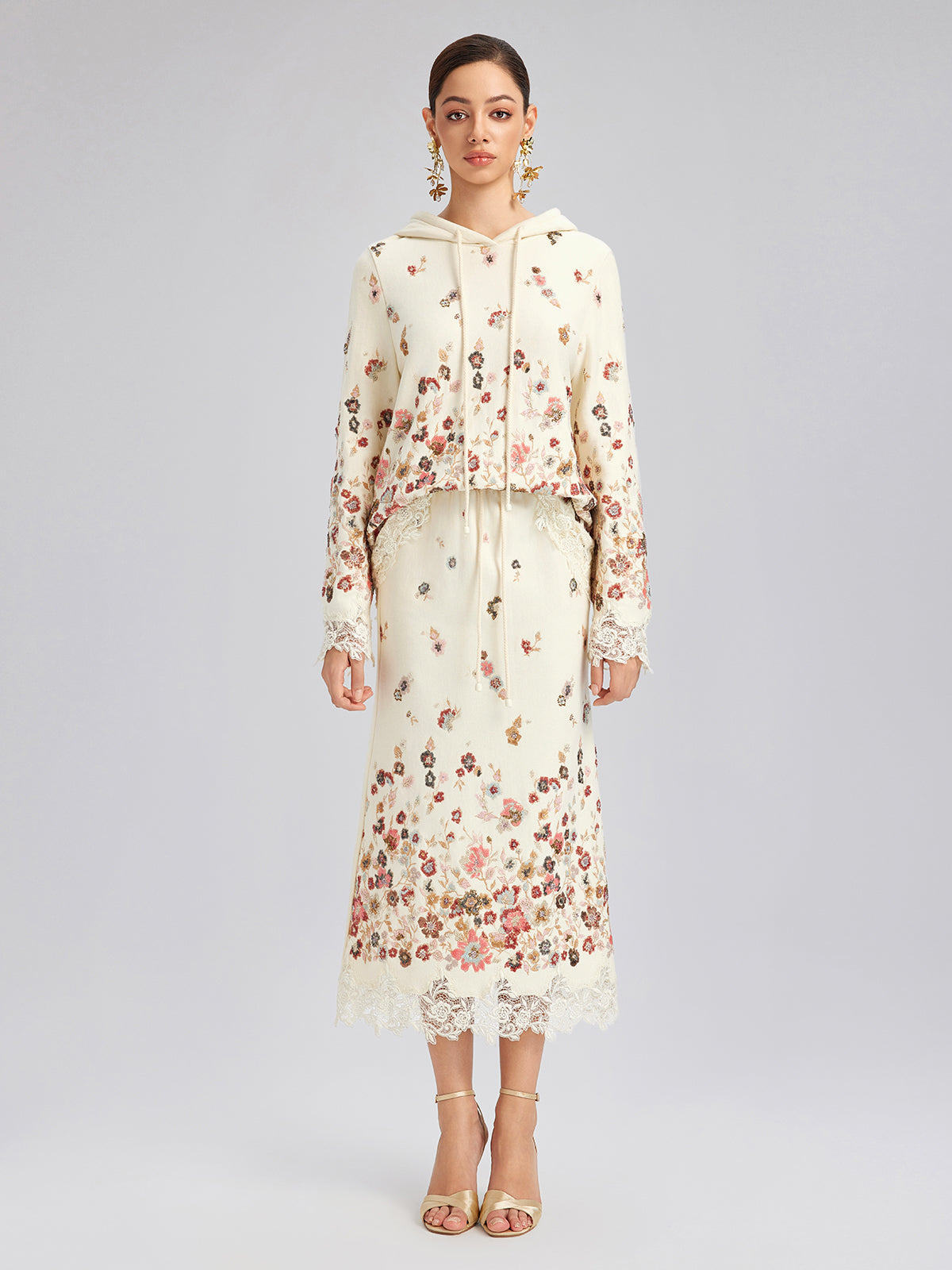 Floral Sequin Embroidered Knit Skirt