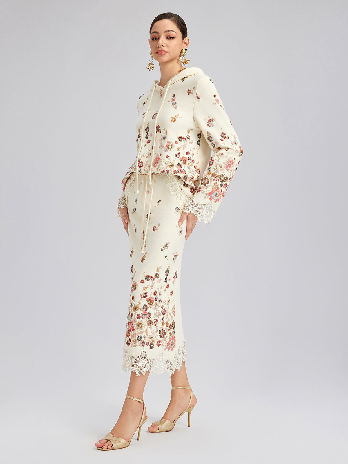 Floral Sequin Embroidered Knit Skirt