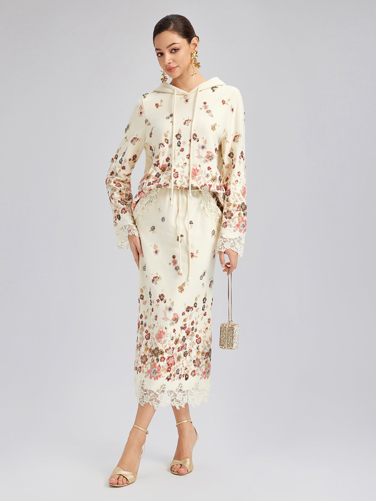 Floral Sequin Embroidered Knit Skirt