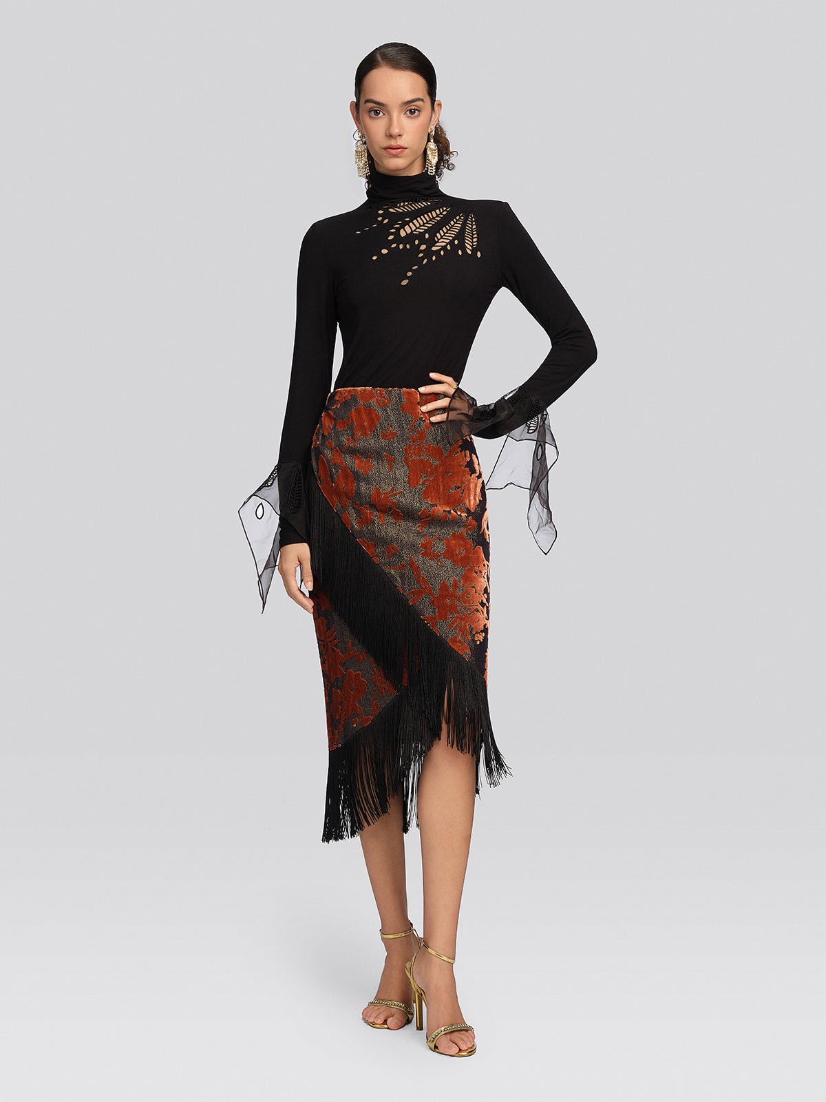 Burnout Velvet Floral Fringe Skirt