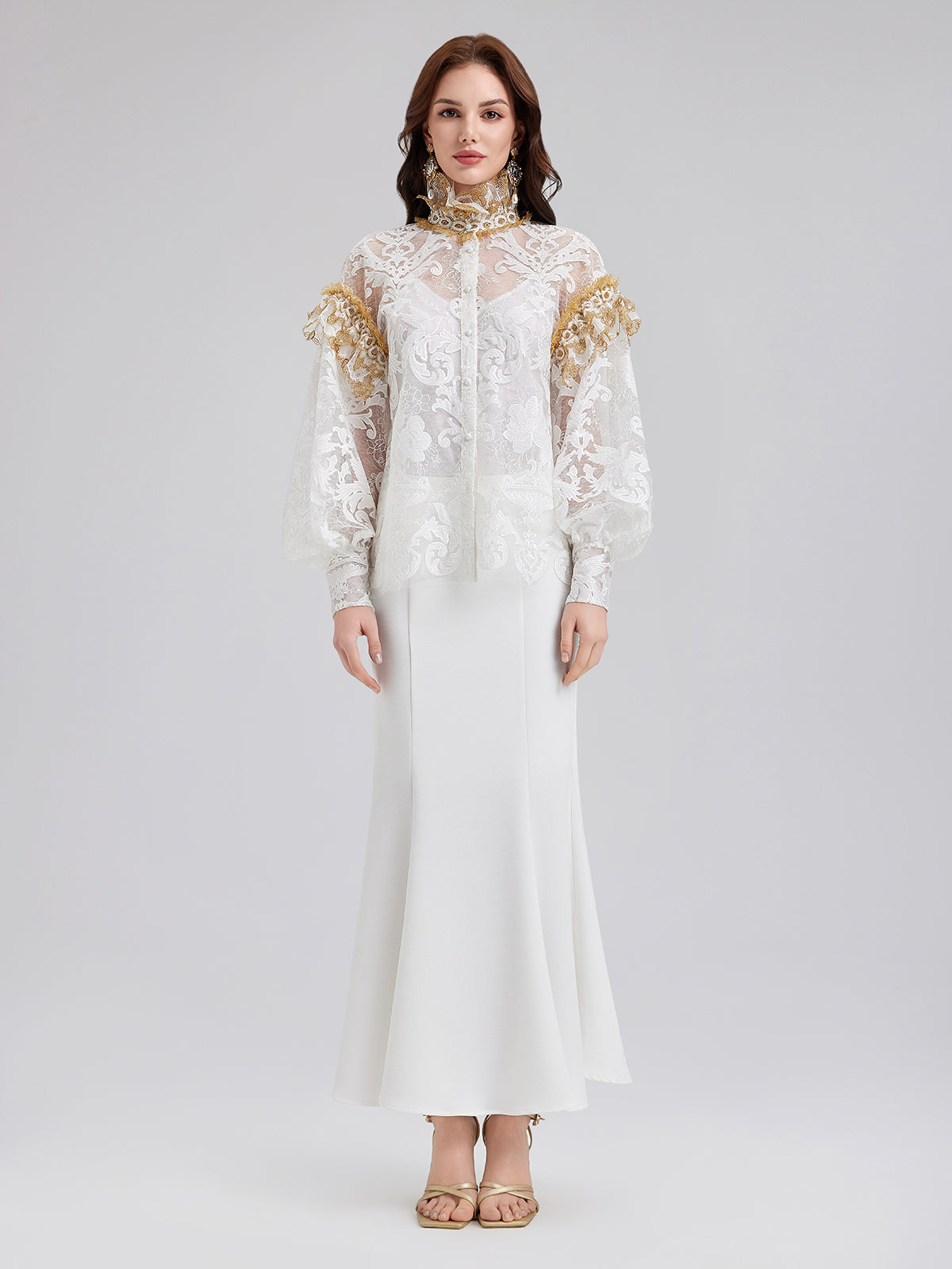 Baroque Lace Embroidered High-Neck Blouse