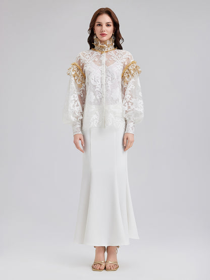 Baroque Lace Embroidered High-Neck Blouse