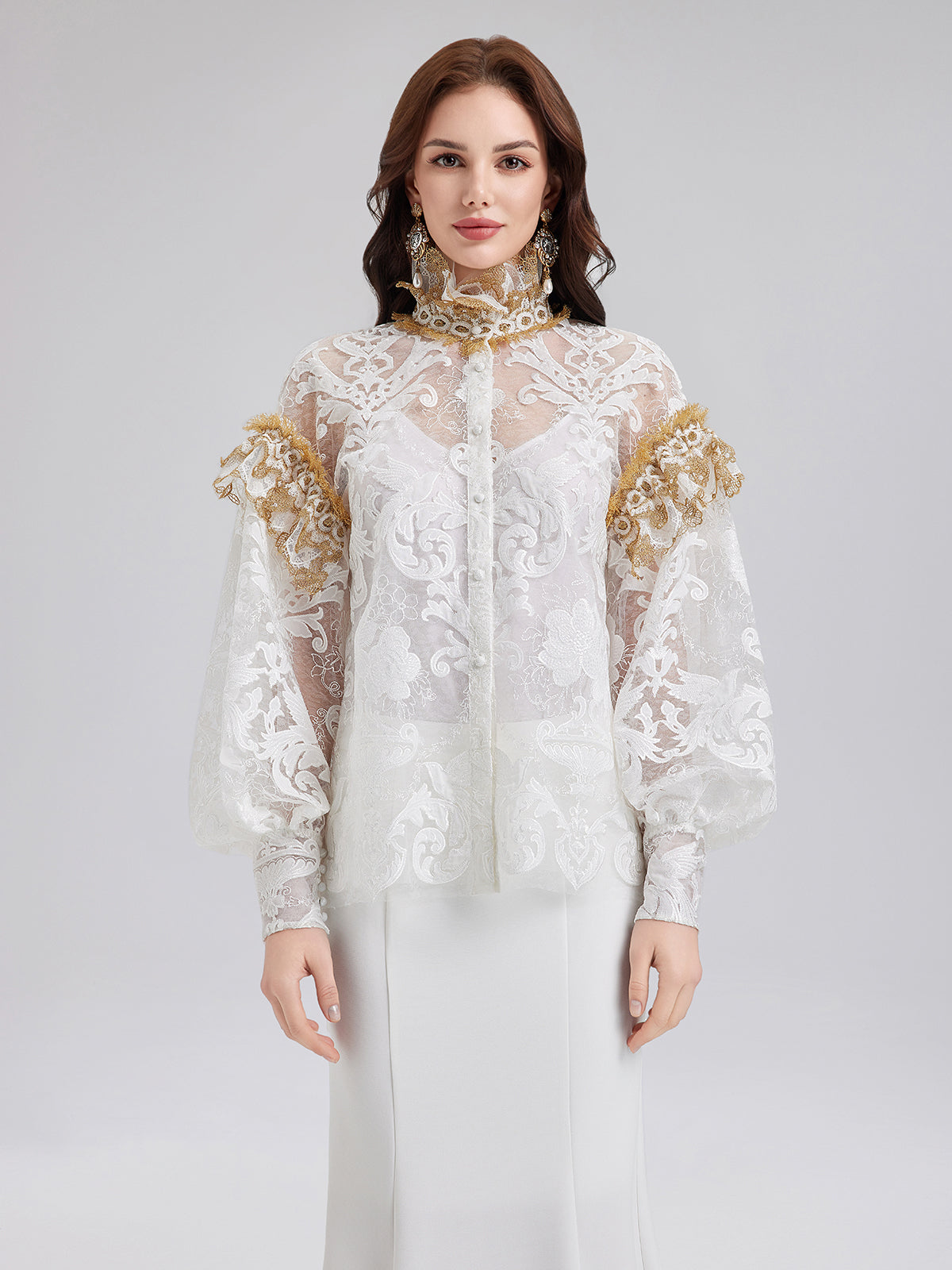 Baroque Lace Embroidered High-Neck Blouse