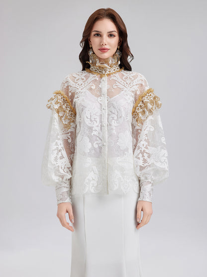 Baroque Lace Embroidered High-Neck Blouse