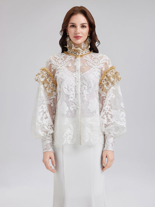 Baroque Lace Embroidered High-Neck Blouse