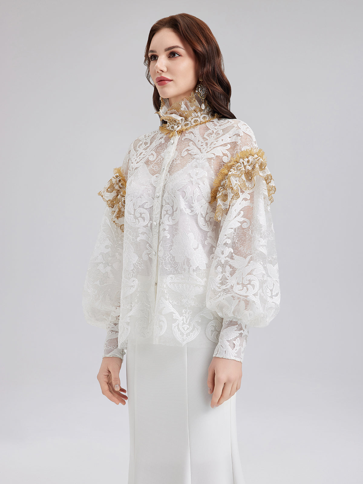 Baroque Lace Embroidered High-Neck Blouse