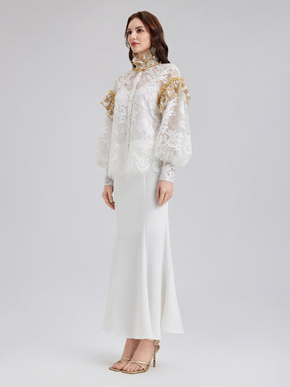 Baroque Lace Embroidered High-Neck Blouse