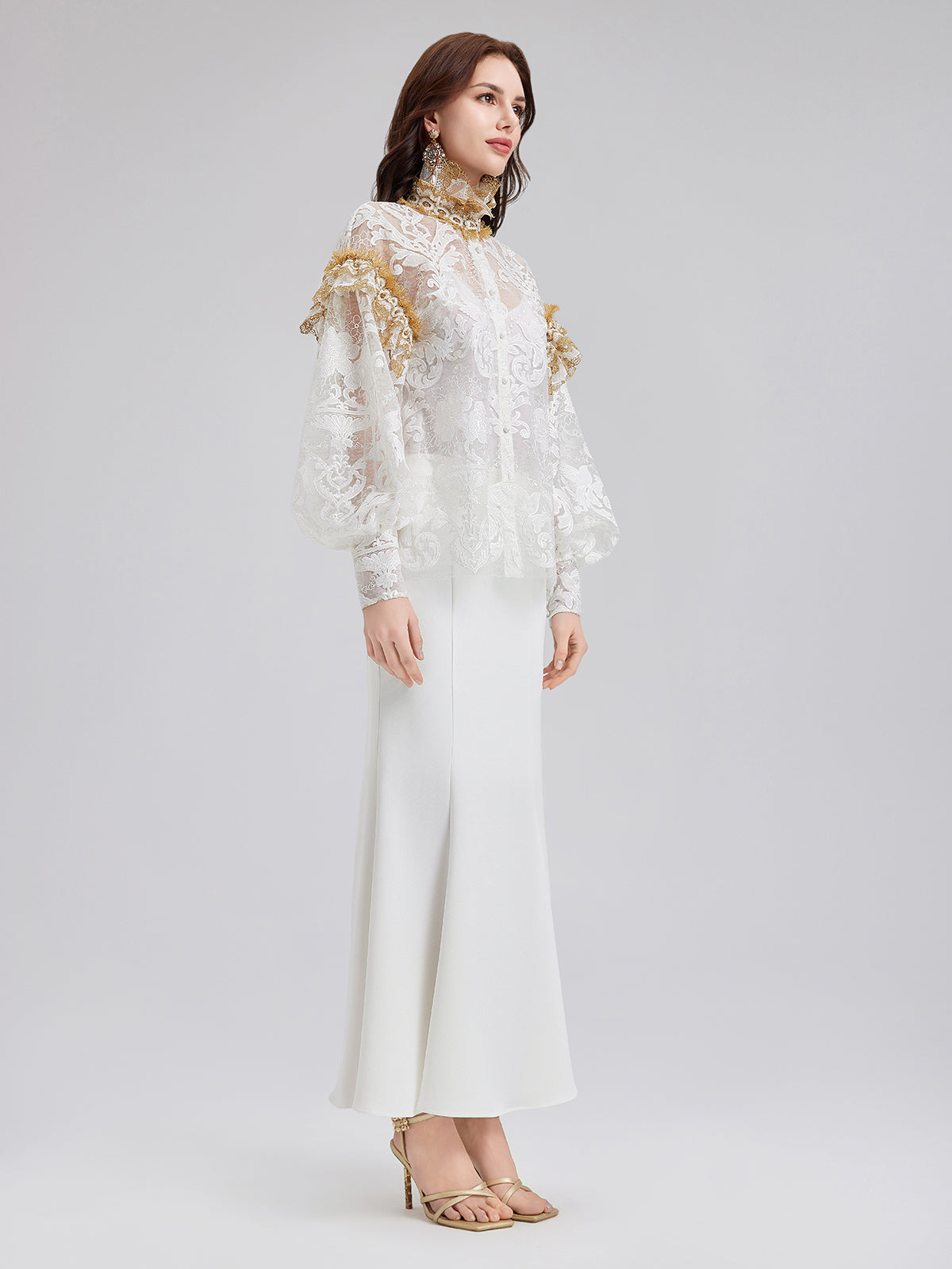 Baroque Lace Embroidered High-Neck Blouse