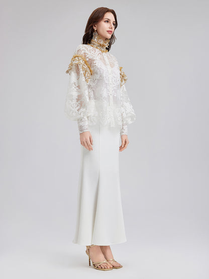 Baroque Lace Embroidered High-Neck Blouse