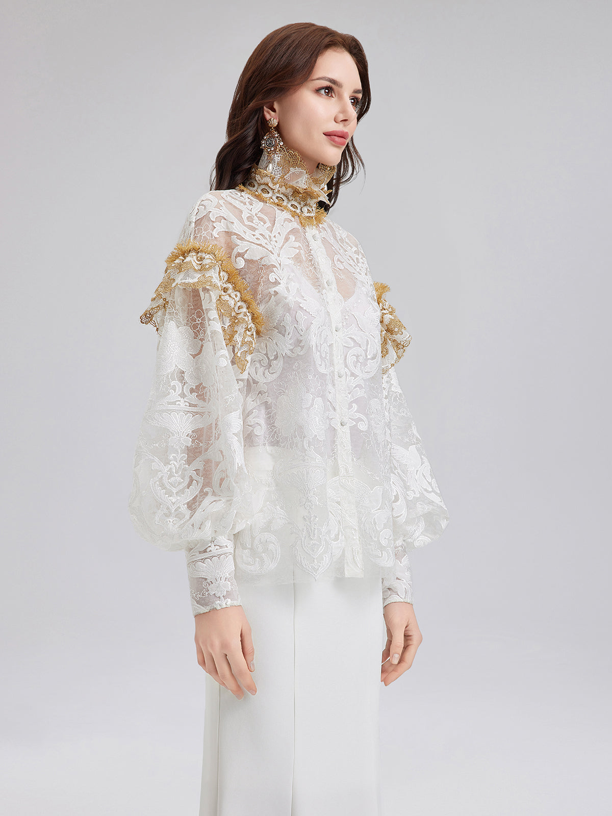 Baroque Lace Embroidered High-Neck Blouse