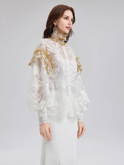 Baroque Lace Embroidered High-Neck Blouse