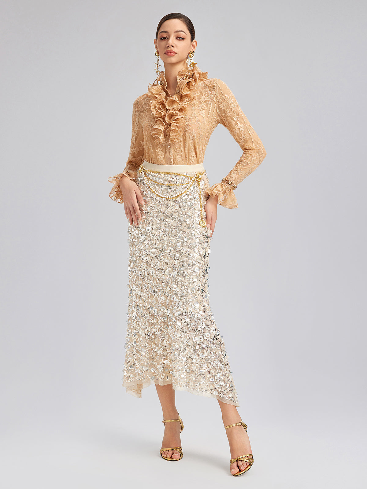 Beaded Lace Ruffled-Collar Blouse
