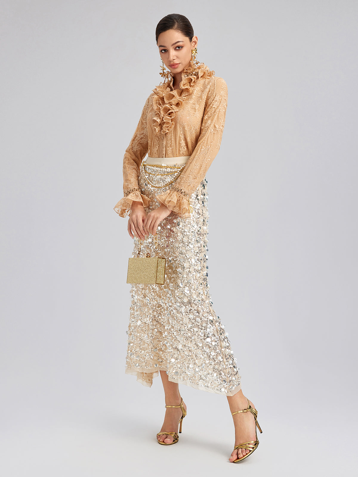 Beaded Lace Ruffled-Collar Blouse