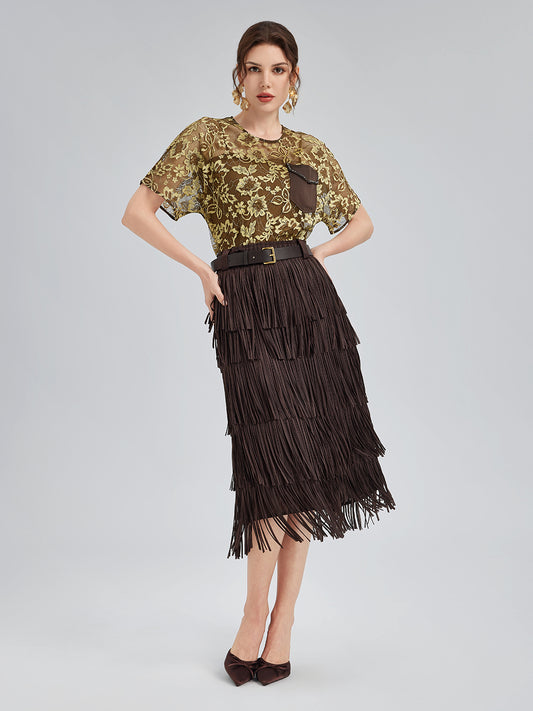 Gold Lace Beaded Pocket T-Shirt