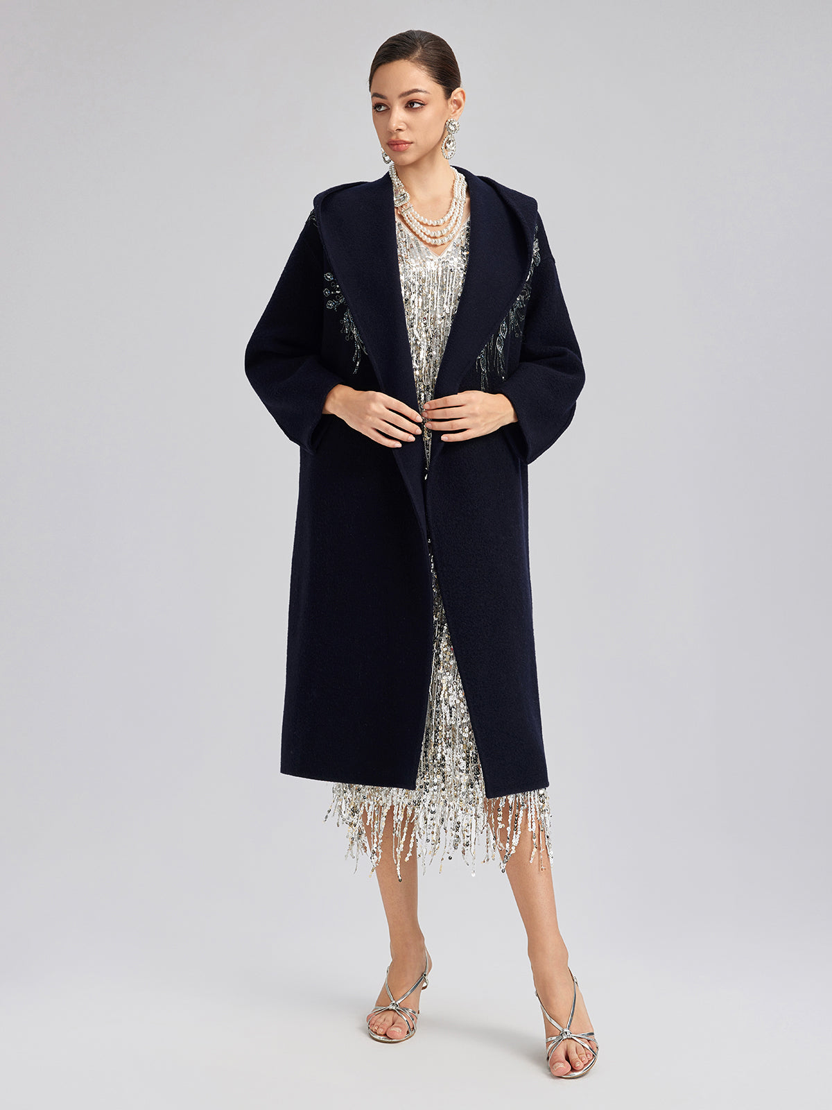 Sequin-Embroidered Double-Faced Wool Hooded Coat