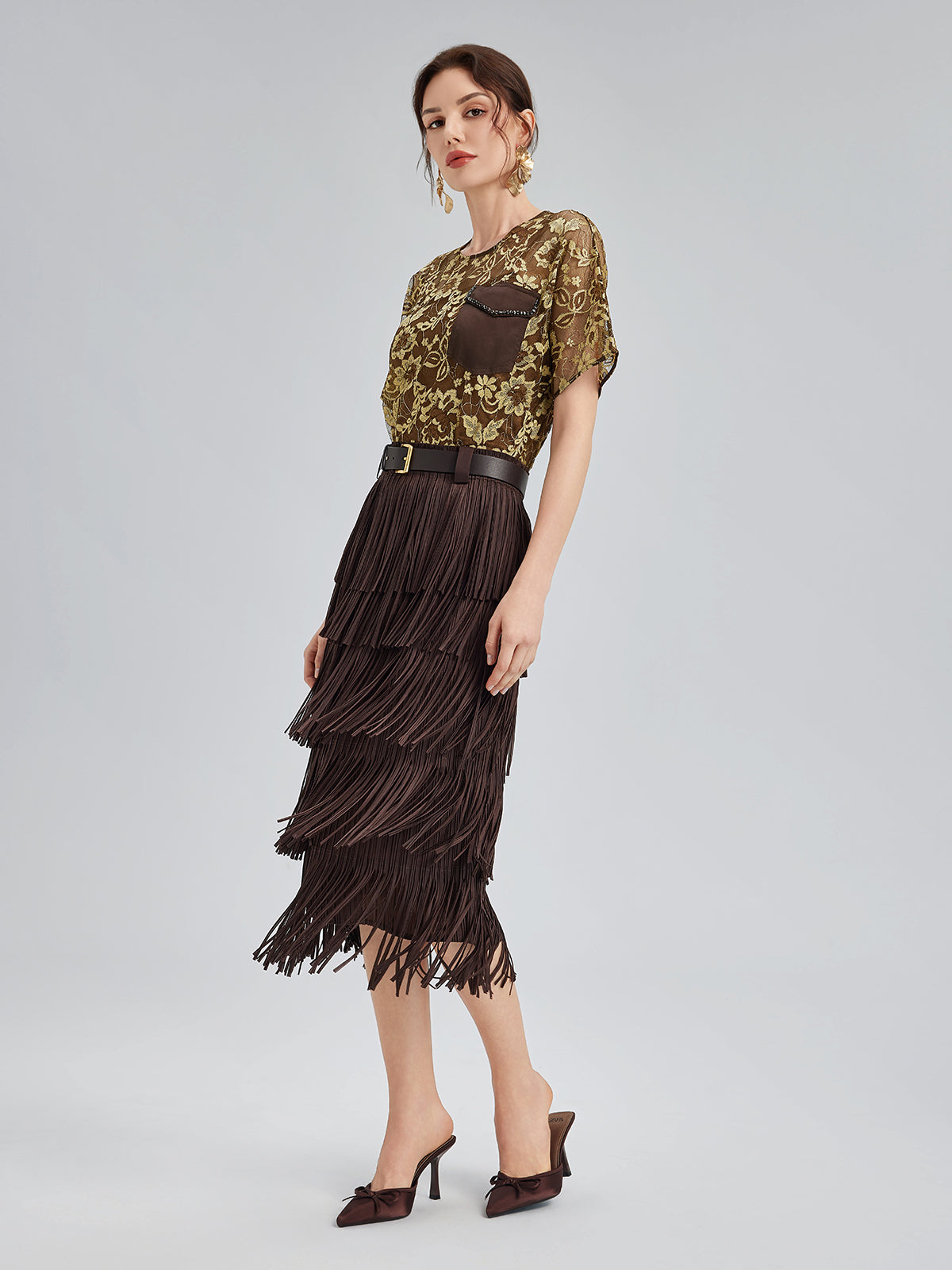 Gold Lace Beaded Pocket T-Shirt