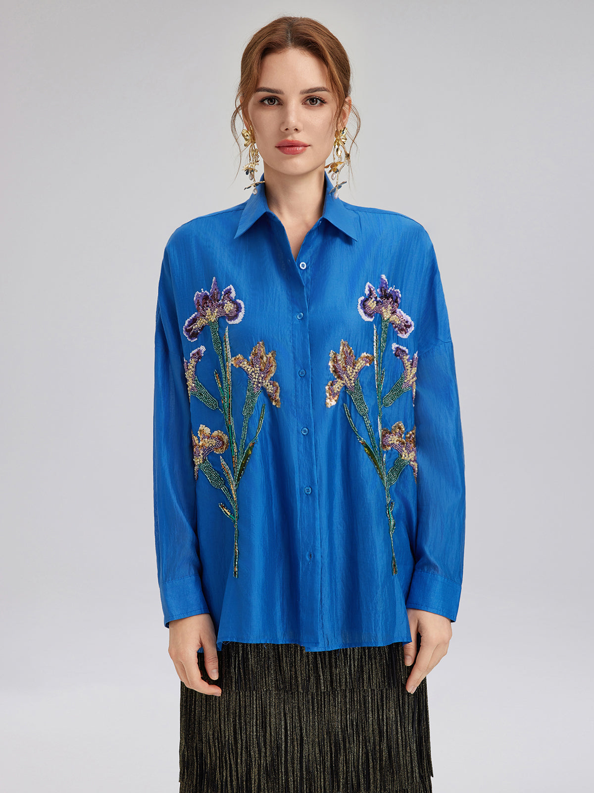 3D Floral Embroidered Loose Shirt