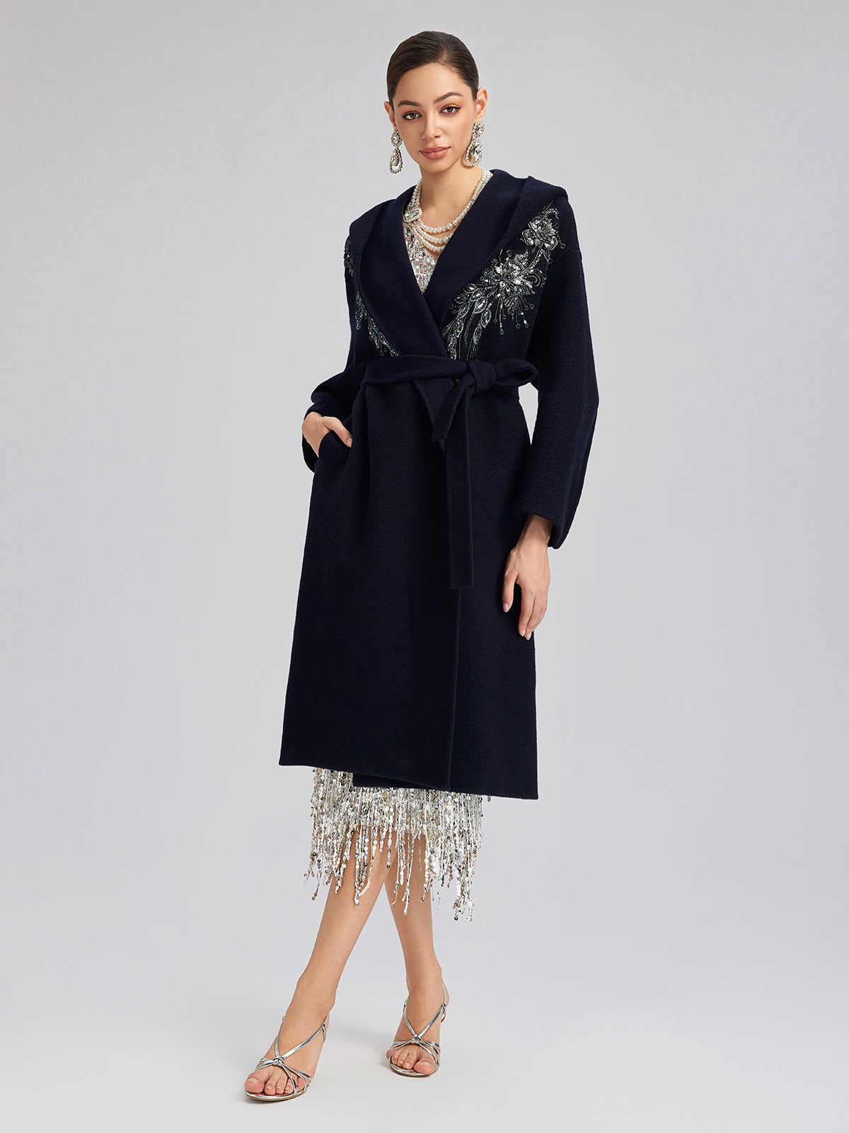 Sequin-Embroidered Double-Faced Wool Hooded Coat