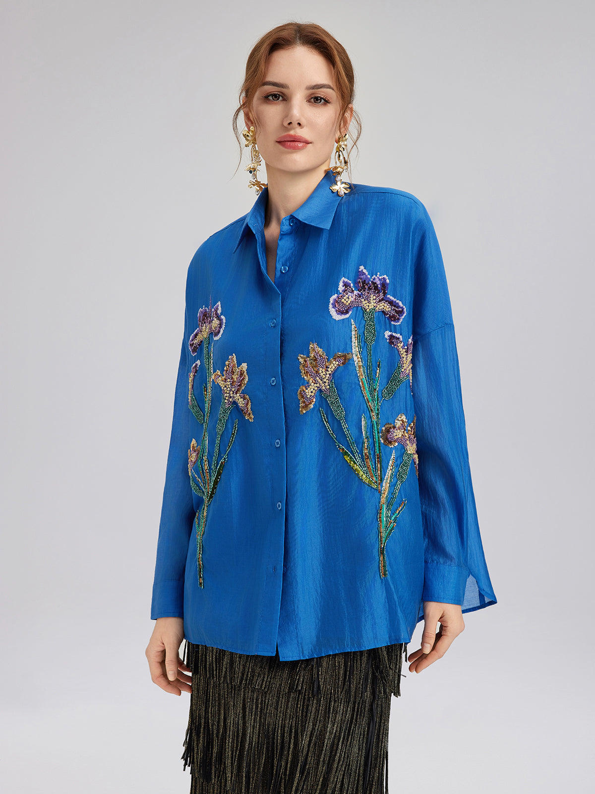 3D Floral Embroidered Loose Shirt