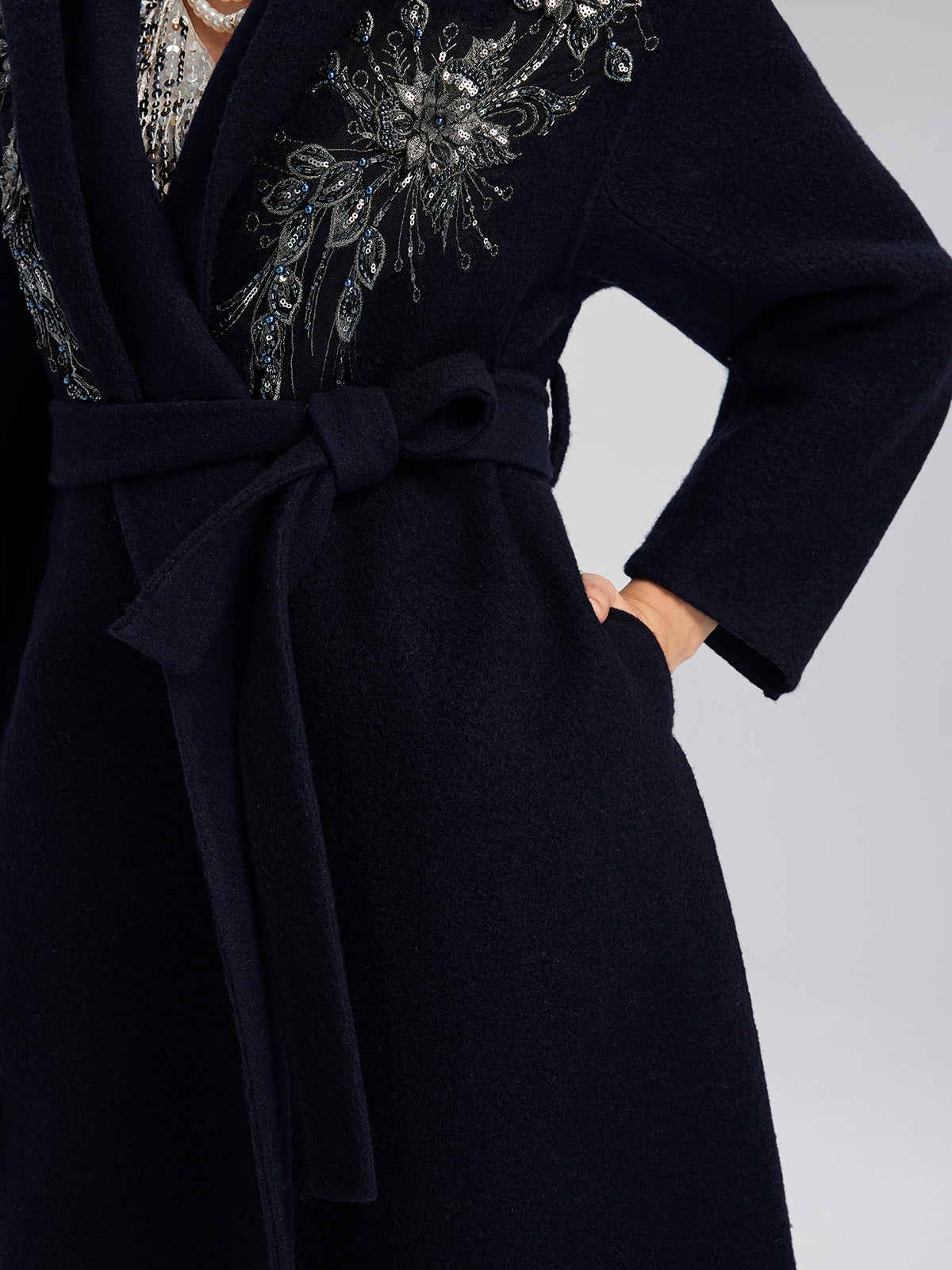 Sequin-Embroidered Double-Faced Wool Hooded Coat