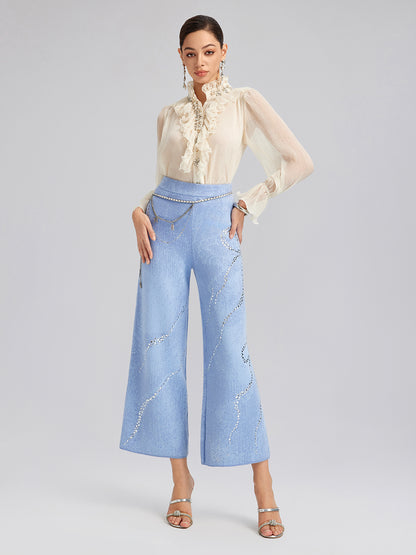 Wool Rhinestone-Embellished Jacquard Stretch Pants